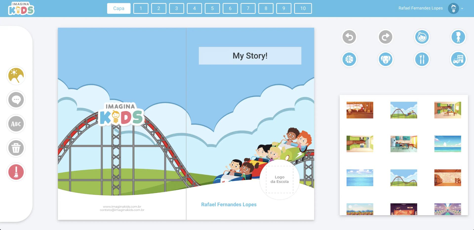 Cover screen of ImaginaWeb with the title 'My Story', the student's name and a list of scenarios