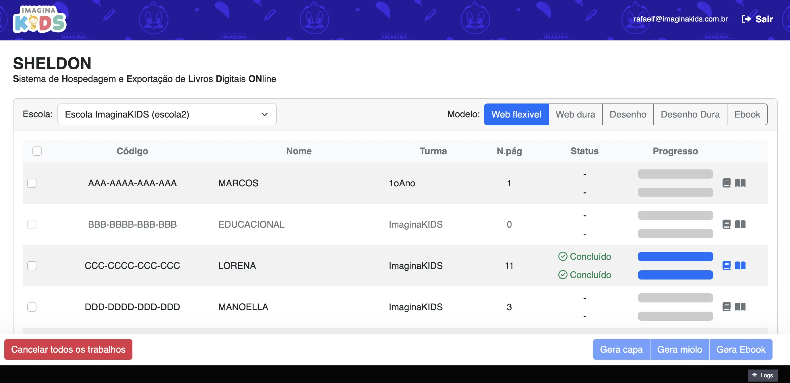 Sheldon main screen showing a list of students, and buttons to generate different book types