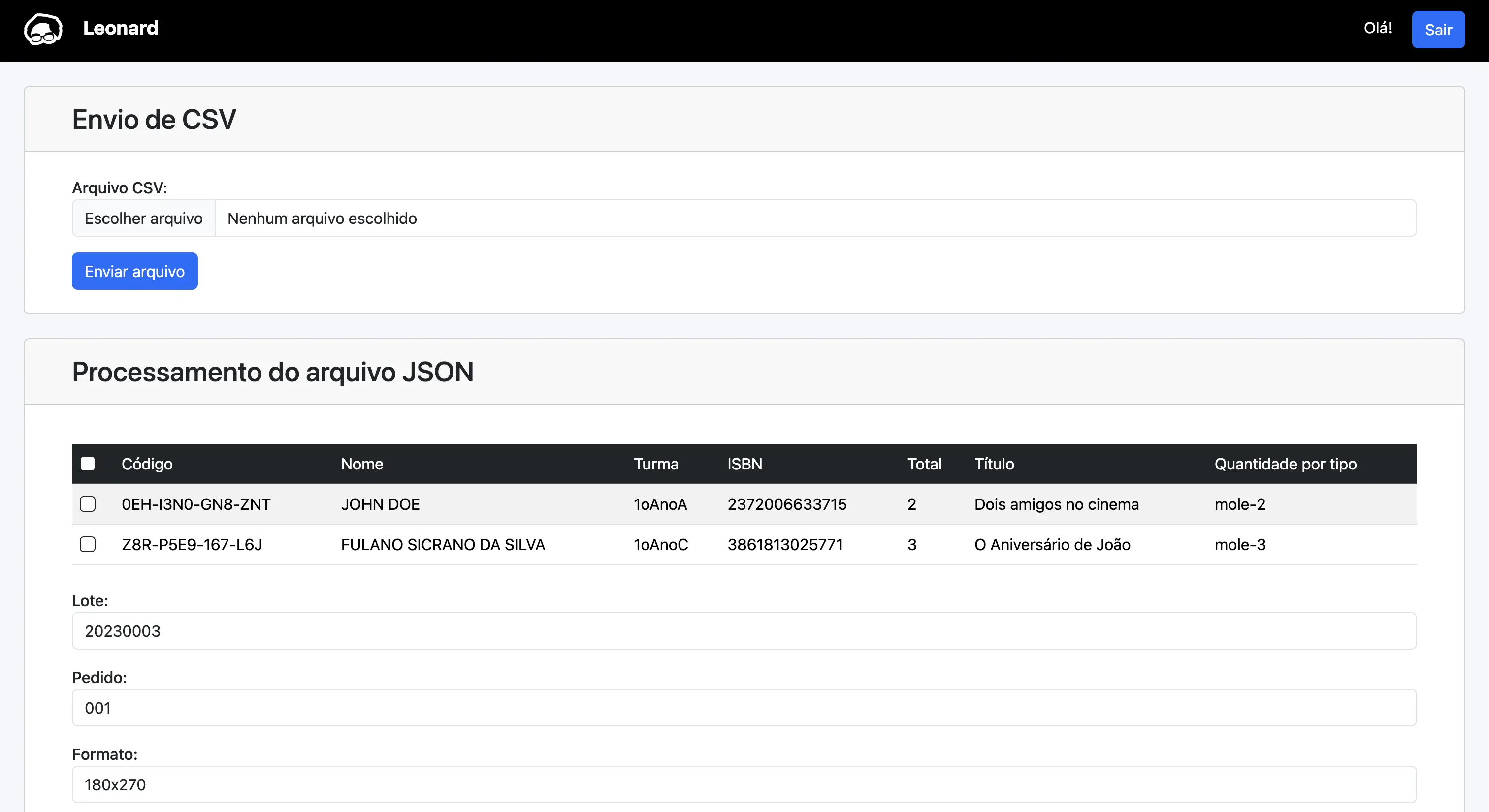 Leonard main screen illustrating that the user can load a CSV file, match it to the current available PDF files and submit for processing