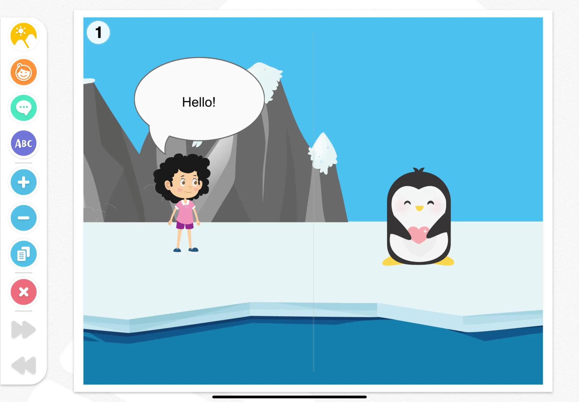 Story page containing a penguin and a girl saying 'Hello'