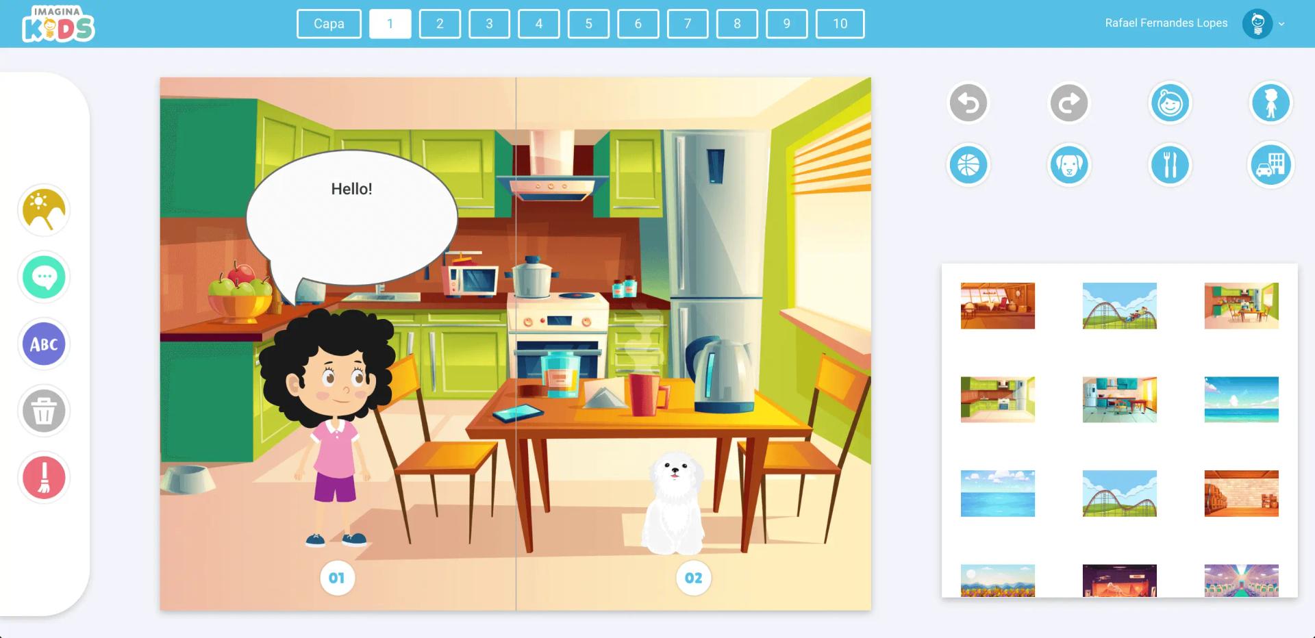 ImaginaWeb story page with a kitchen scenario, a white dog and a girl saying 'Hello'
