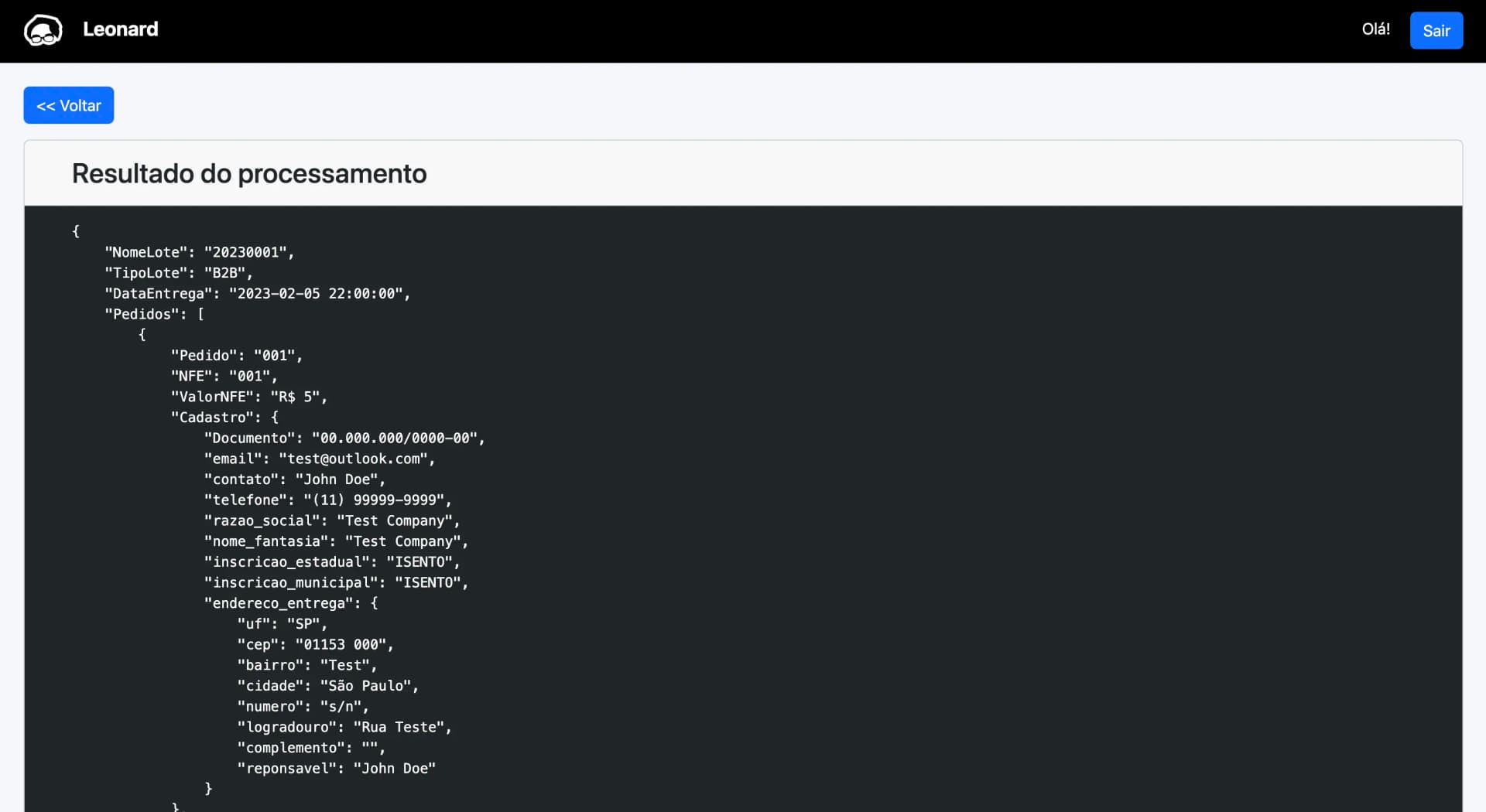 Leonard process result screen, showing the resulting JSON file used as input metadata for printing the books