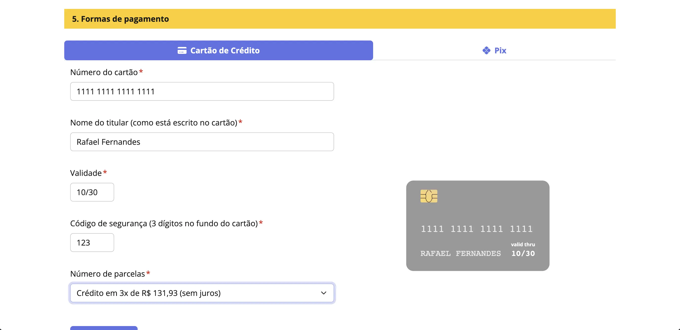 Credit card payment method screen containing some data and a thumbnail of the card